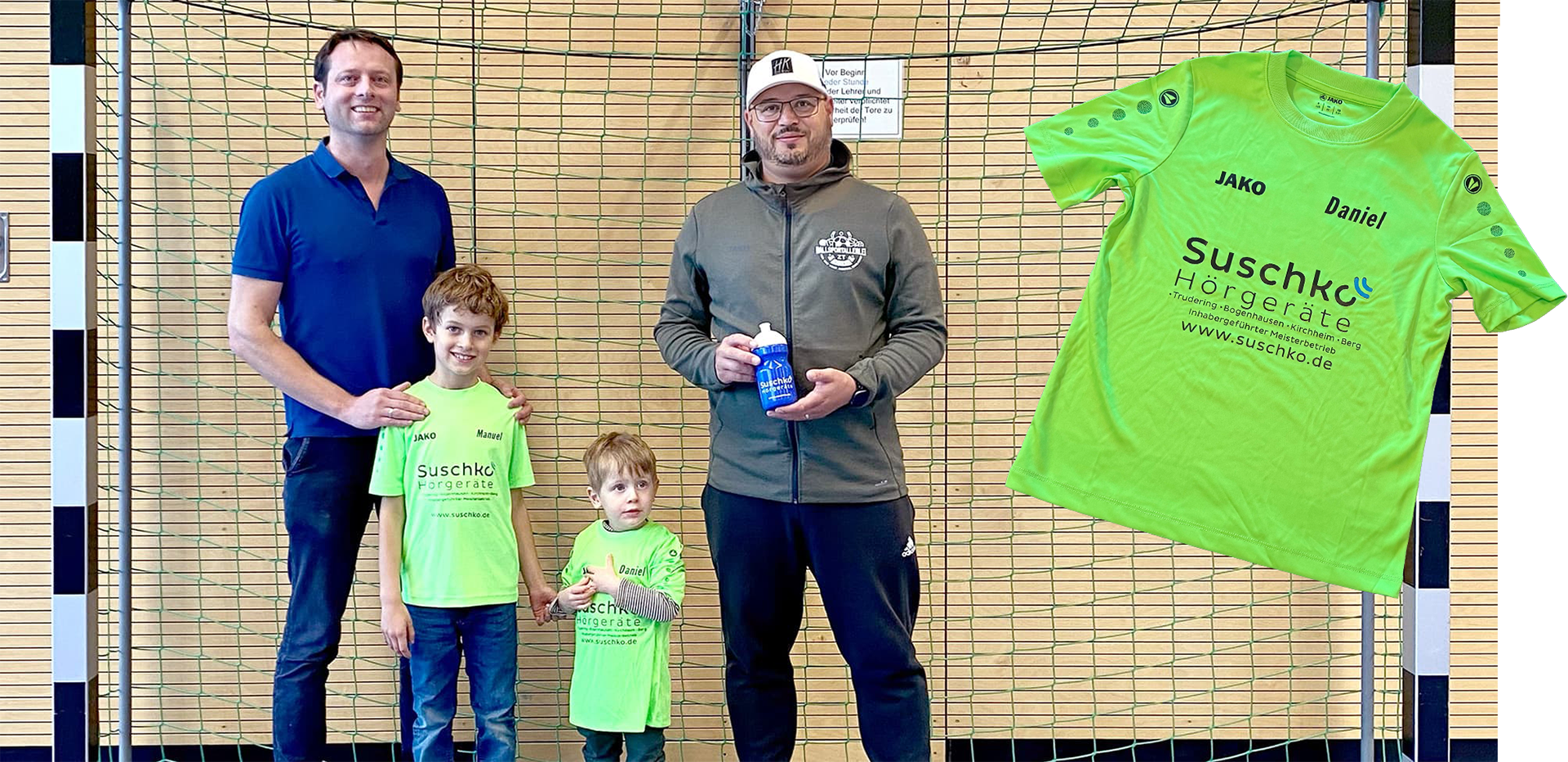 Gruppenfoto von einem Sponsoring-Event mit neongrünen Trikot von Suschko Hörgeräte
